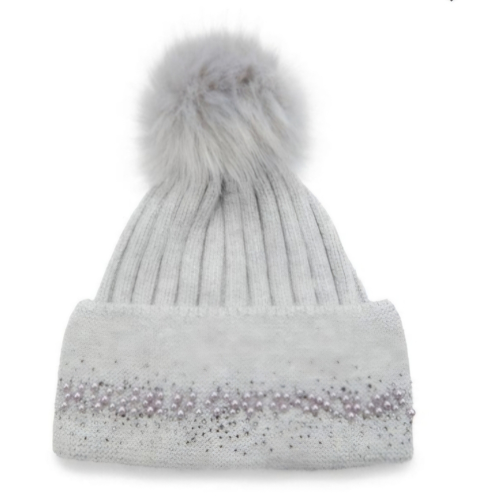 Adrienne Landau Grey Knit BeanieWith Faux Pearl and Faux Fur Pom